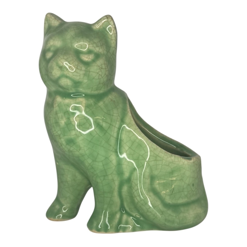 Vintage MCM Green Cat Planter Crackle Glaze Ceramic Succulent Pot Figurine ~4.5"